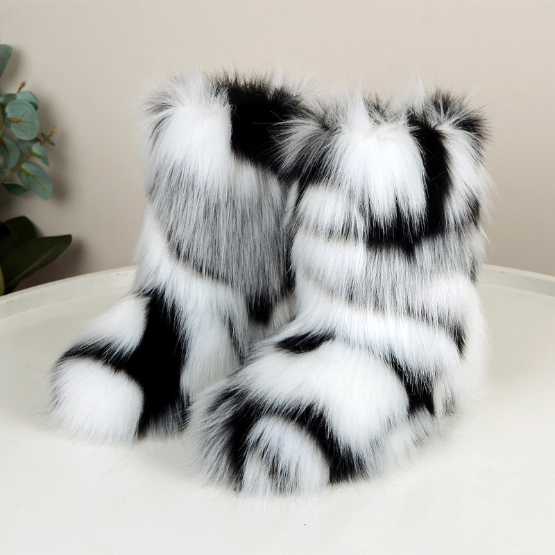 Winter Fuzzy Boots Women Shoes Fluffy Fur Snow Boots Plush lining Slip-on Rubber Flat Outdoor Bowtie Warm Ladies Footwear