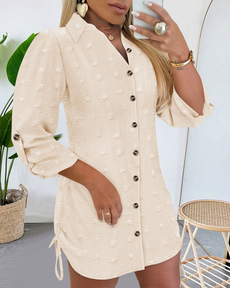 Hot Selling Polka Dot Jacquard Stand Collar Drawstring Shirt Dress