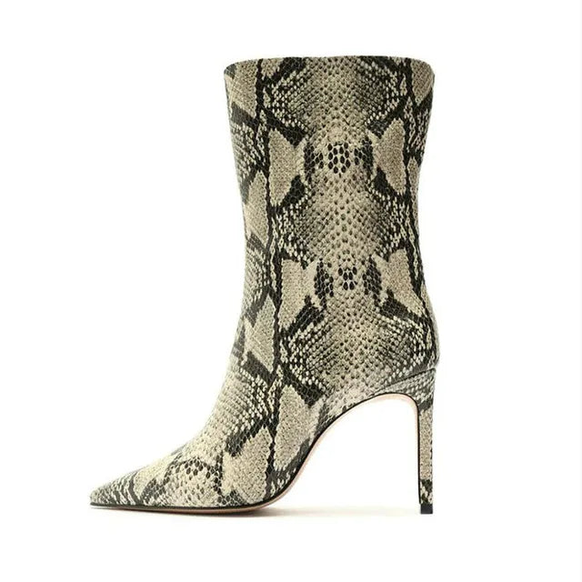Sexy Ladies 9cm Stiletto Heel Pointed Toe Ankle Boots High Quality Stone Print Snakeskin Short Boots New Women's Shoes