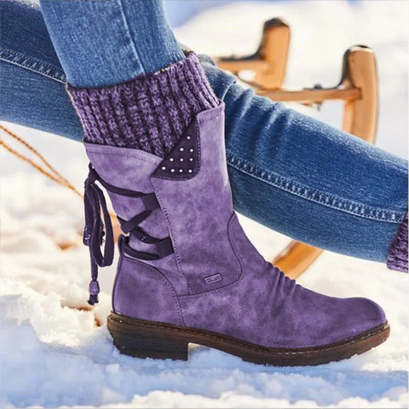 Women Winter Mid-Calf Boot Flock Winter Shoes Ladies Fashion Snow Boots Shoes Thigh High Suede Warm