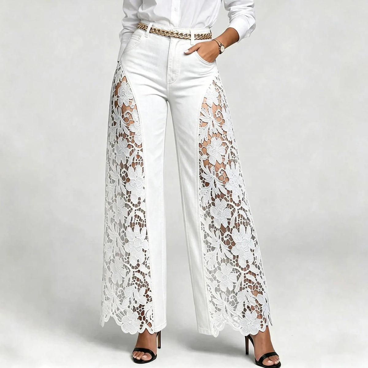 High Waist Lace Spliced Wide Leg Jeans – Women's Flowy Denim