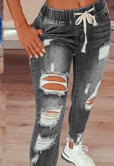 Distressed Ripped High Rise Drawstring Jeans – Women's Long Denim