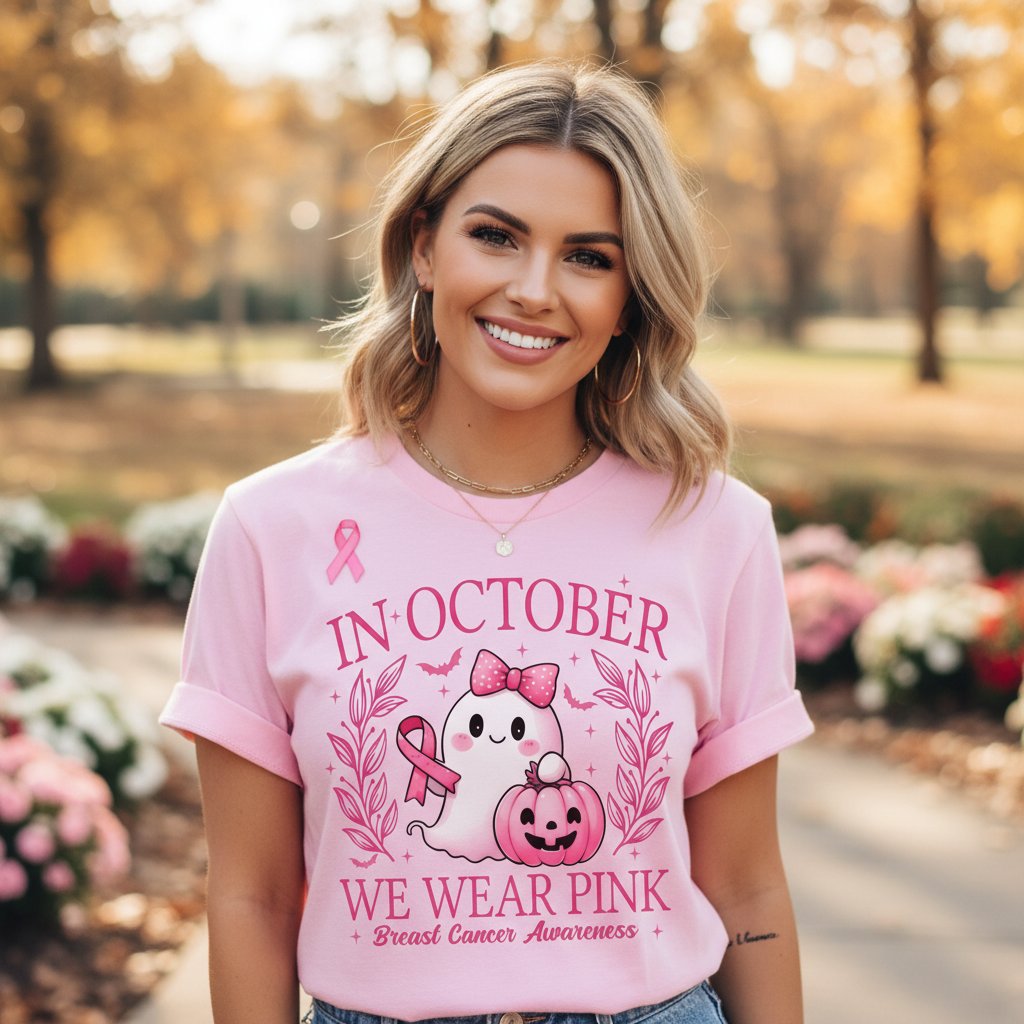 Close-up lifestyle shot of woman wearing In October We Wear Pink breast cancer awareness tee