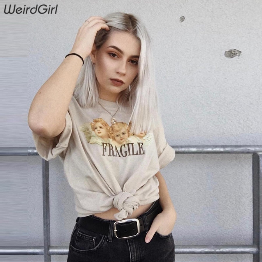 Weirdgirl Women Baby Angel Printing Casual Fashion T-shirts letter Short Sleeve O-Neck Khaki Loose Female Tees Summer