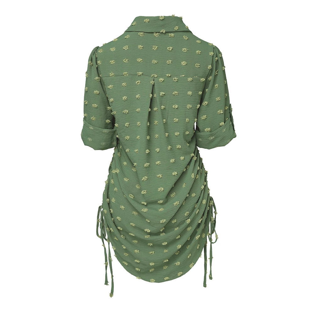 Hot Selling Polka Dot Jacquard Stand Collar Drawstring Shirt Dress