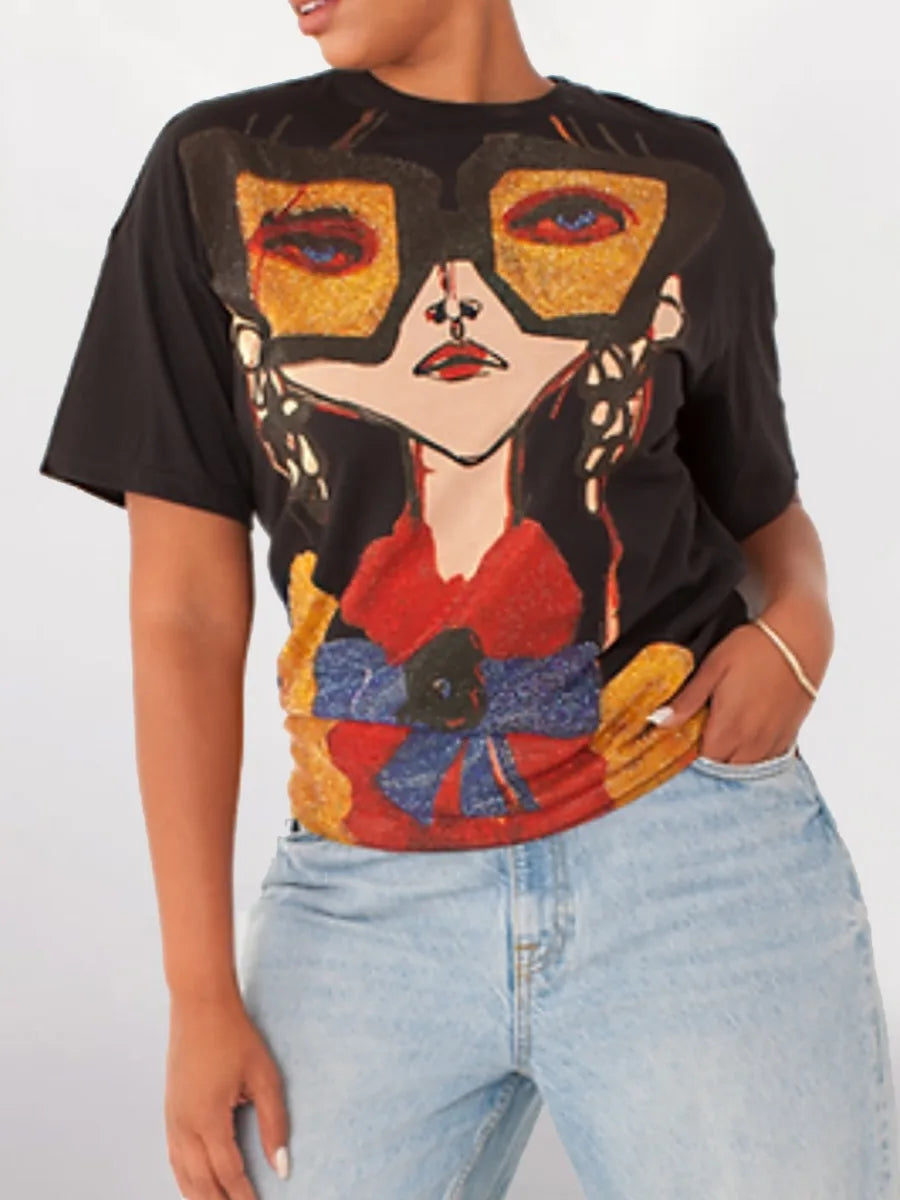 Print Regular Fit T-shirt Vintage Fashion Trendy Dropped Shoulder Sequined Tops Female Summer Tees