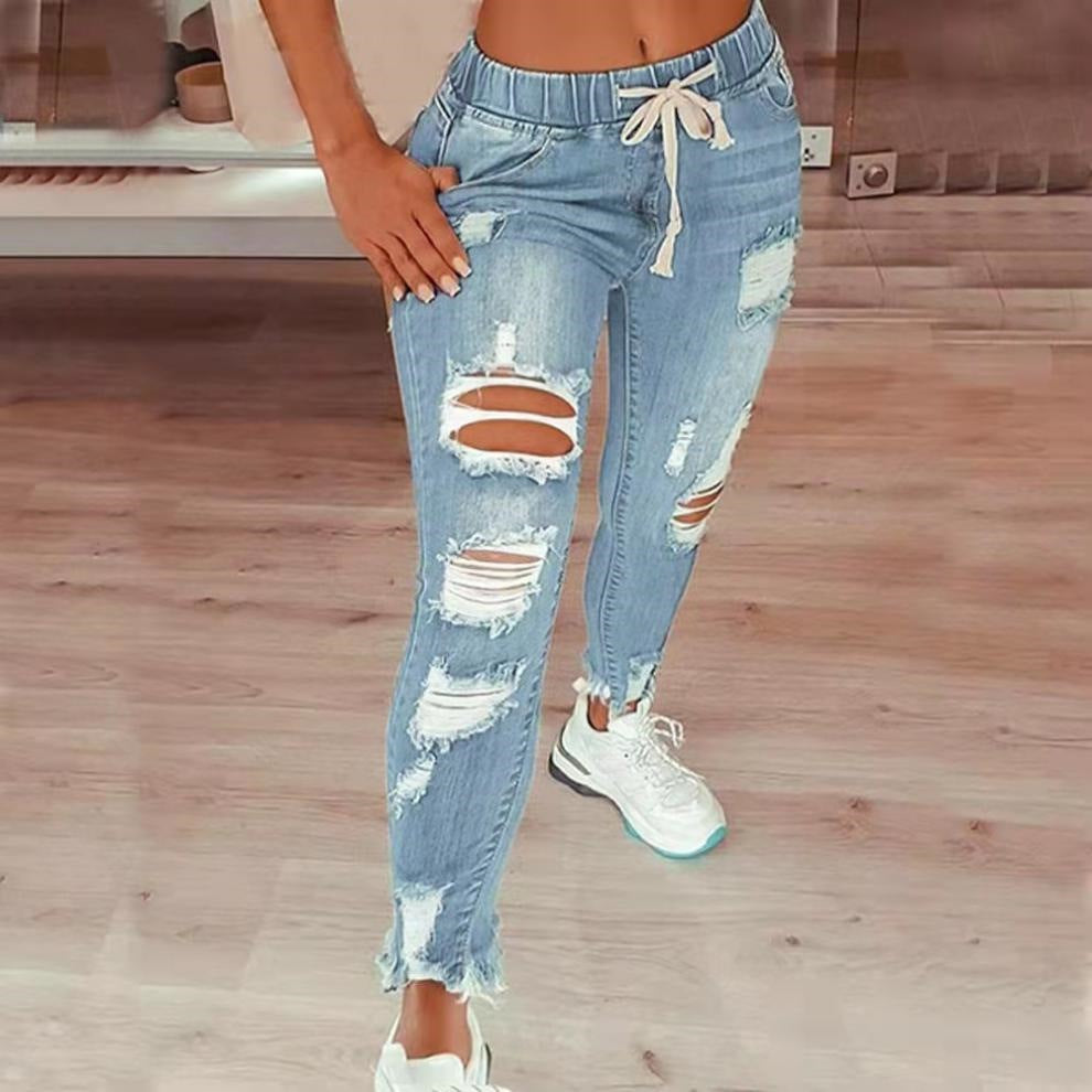 Distressed Ripped High Rise Drawstring Jeans – Women's Long Denim