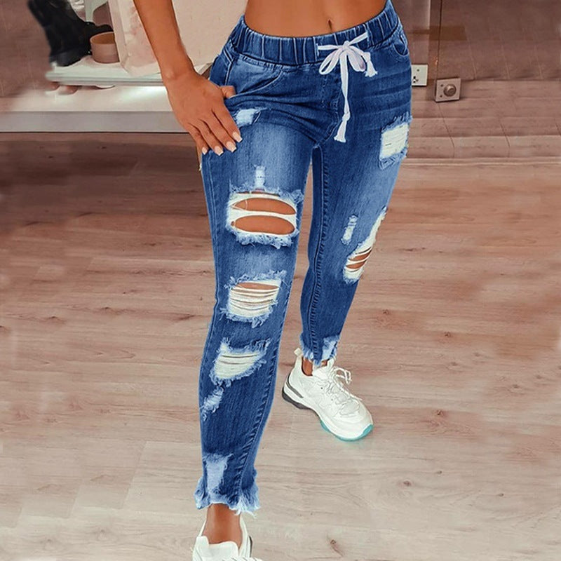 Distressed Ripped High Rise Drawstring Jeans – Women's Long Denim