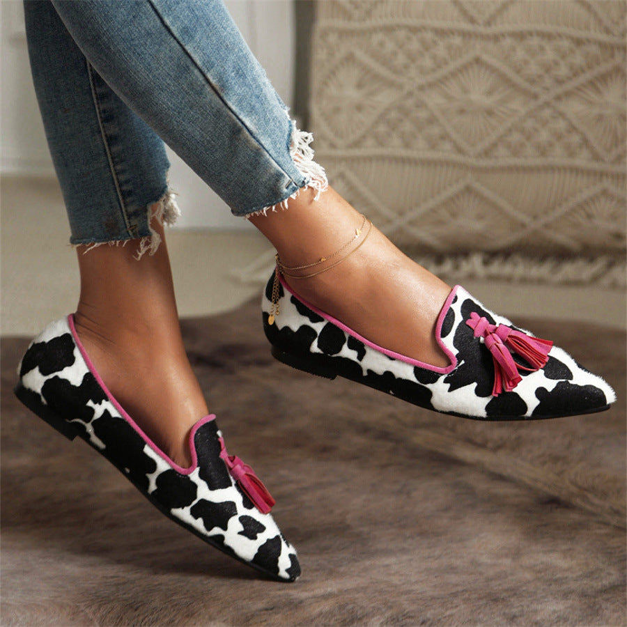 Ladies Pointed Toe Fashion Fringe Leopard Mixed Colors women's Flats Casual Soft Woman Shoes
