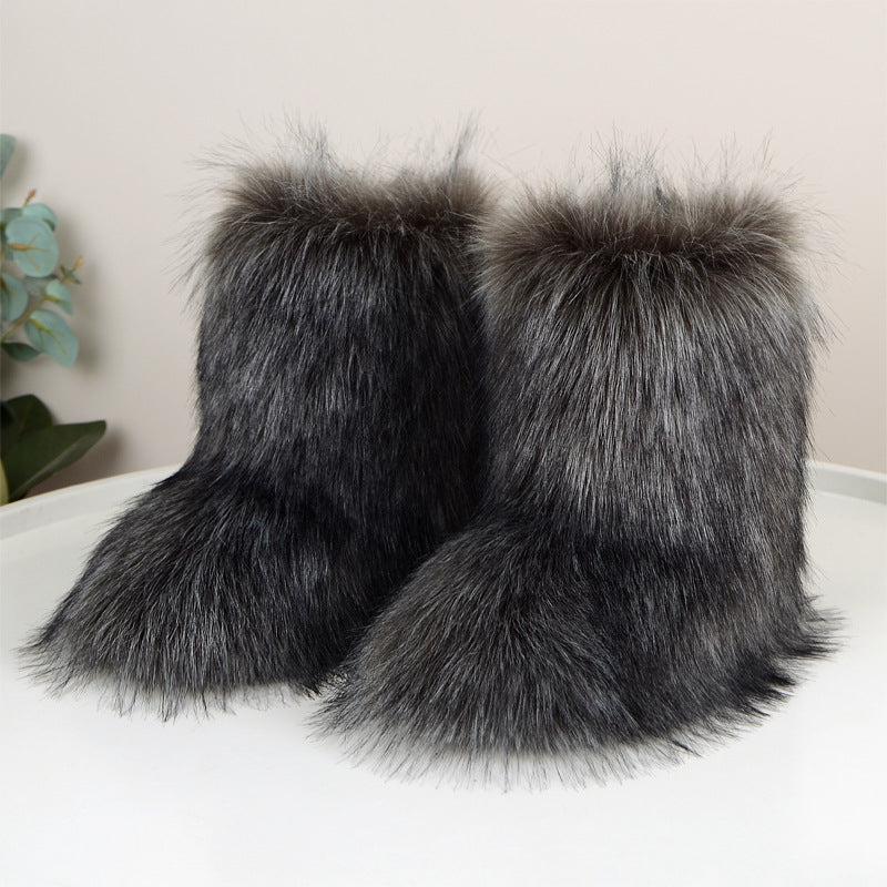 Winter Fuzzy Boots Women  Shoes Fluffy Fur Snow Boots Plush lining Slip-on Rubber Flat Outdoor Bowtie Warm Ladies Footwear