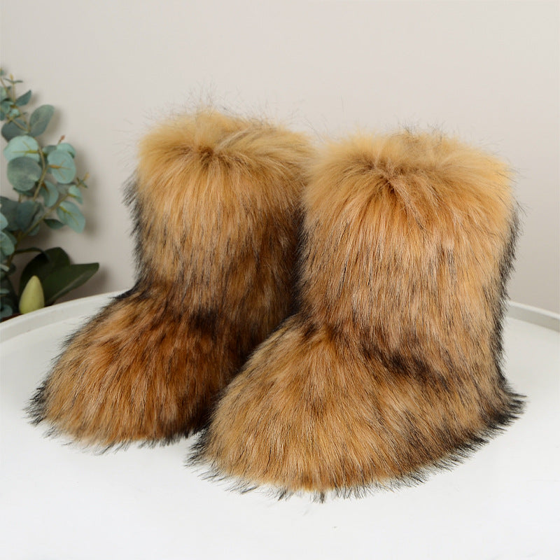 Winter Fuzzy Boots Women  Shoes Fluffy Fur Snow Boots Plush lining Slip-on Rubber Flat Outdoor Bowtie Warm Ladies Footwear