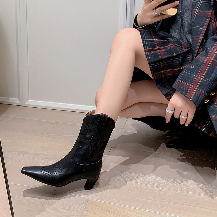 Color Blocking Designer Short Boots Genuine Leather High Heel Shoes Crystal Square Toe  Ladies Western Boots