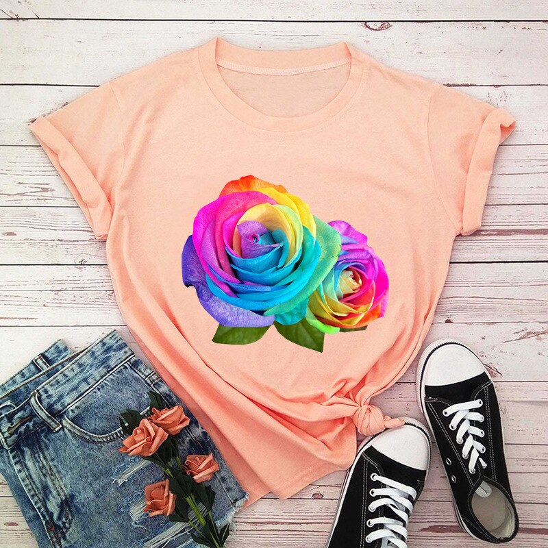Summer Cotton Women T Shirt 5XL Plus Size Colorful Flower Print Short Sleeve Women Tees Shirt Top Casual O-Neck Female TShirt