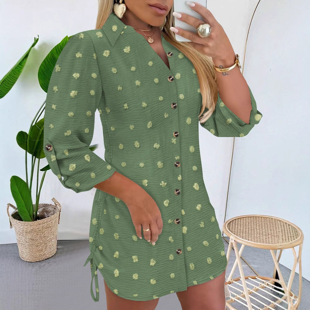Hot Selling Polka Dot Jacquard Stand Collar Drawstring Shirt Dress