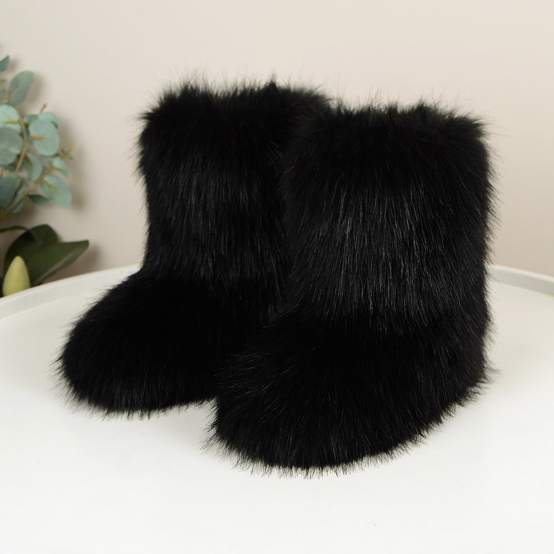 Winter Fuzzy Boots Women  Shoes Fluffy Fur Snow Boots Plush lining Slip-on Rubber Flat Outdoor Bowtie Warm Ladies Footwear