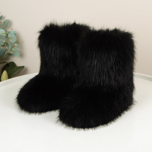 Winter Fuzzy Boots Women  Shoes Fluffy Fur Snow Boots Plush lining Slip-on Rubber Flat Outdoor Bowtie Warm Ladies Footwear