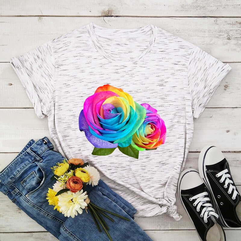 Summer Cotton Women T Shirt 5XL Plus Size Colorful Flower Print Short Sleeve Women Tees Shirt Top Casual O-Neck Female TShirt
