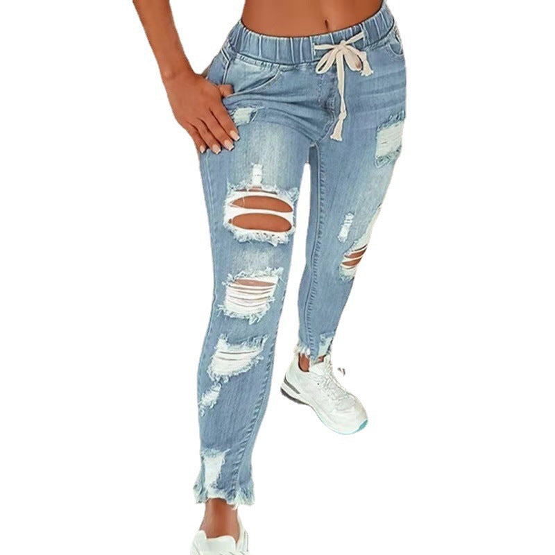 Distressed Ripped High Rise Drawstring Jeans – Women's Long Denim
