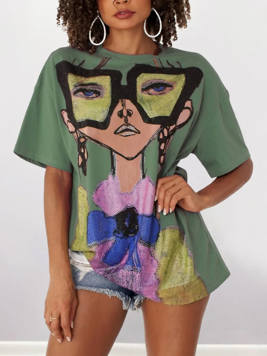 Print Regular Fit T-shirt Vintage Fashion Trendy Dropped Shoulder Sequined Tops Female Summer Tees