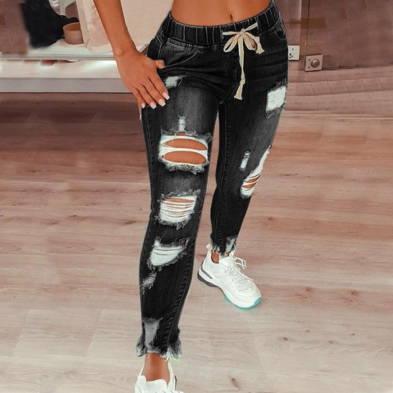 Distressed Ripped High Rise Drawstring Jeans – Women's Long Denim