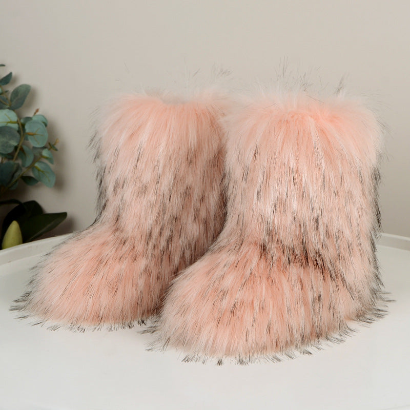 Winter Fuzzy Boots Women  Shoes Fluffy Fur Snow Boots Plush lining Slip-on Rubber Flat Outdoor Bowtie Warm Ladies Footwear