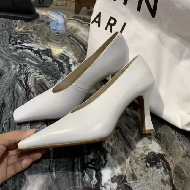 Ladies Vintage Chunky Female High Heel Pumps Sexy Cow Leather Women Square Toe Heels Lady Fashion Shoes Hot Sales