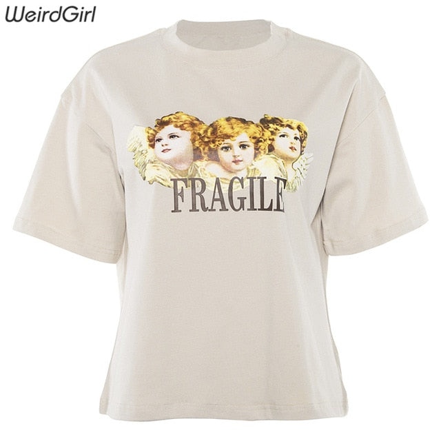 Weirdgirl Women Baby Angel Printing Casual Fashion T-shirts letter Short Sleeve O-Neck Khaki Loose Female Tees Summer