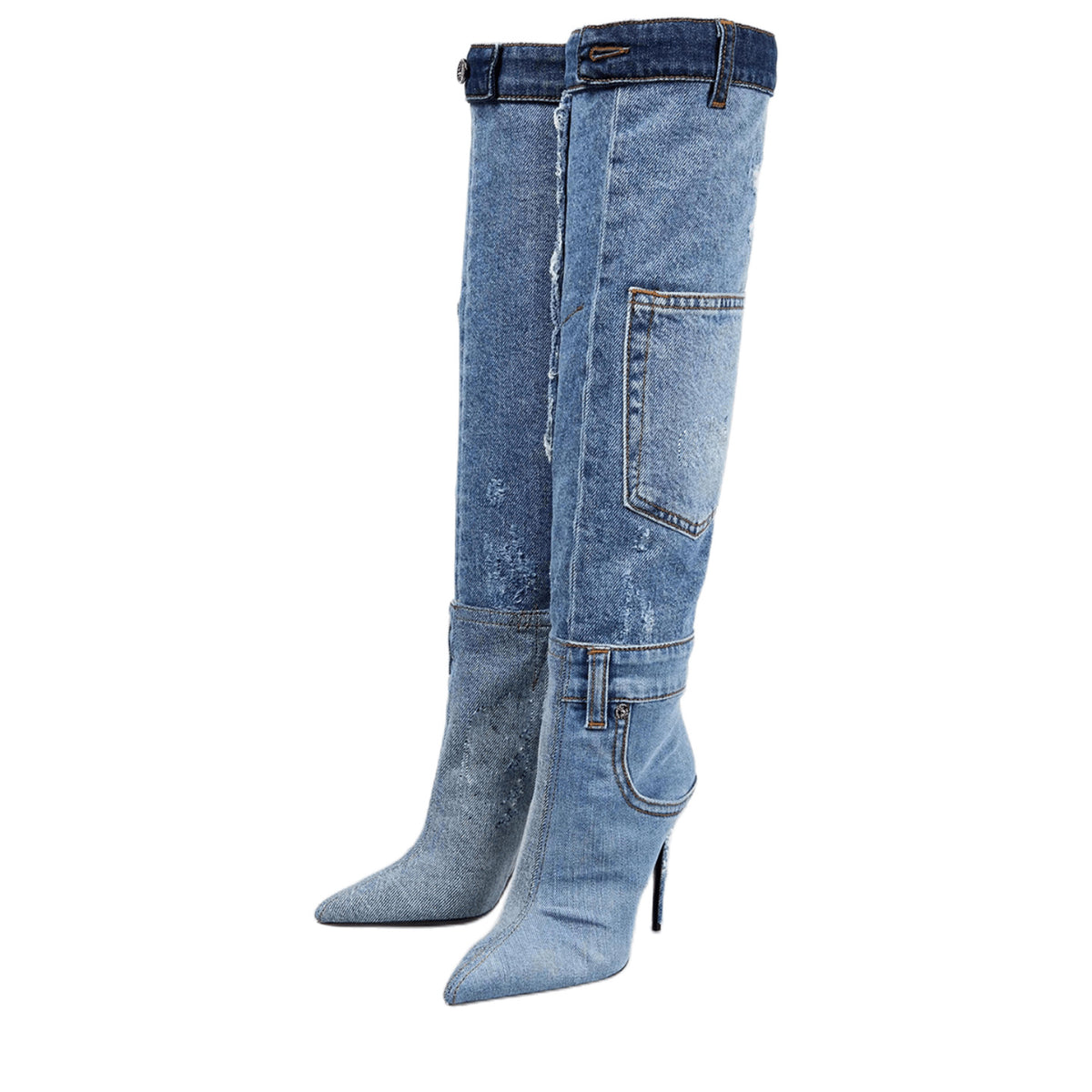 Women Worn Washed Cloth Over The Knee Boots Sexy Ladies Dilapidated  Blue Denim Pocket Pointed Toe High Heels Party Shoes