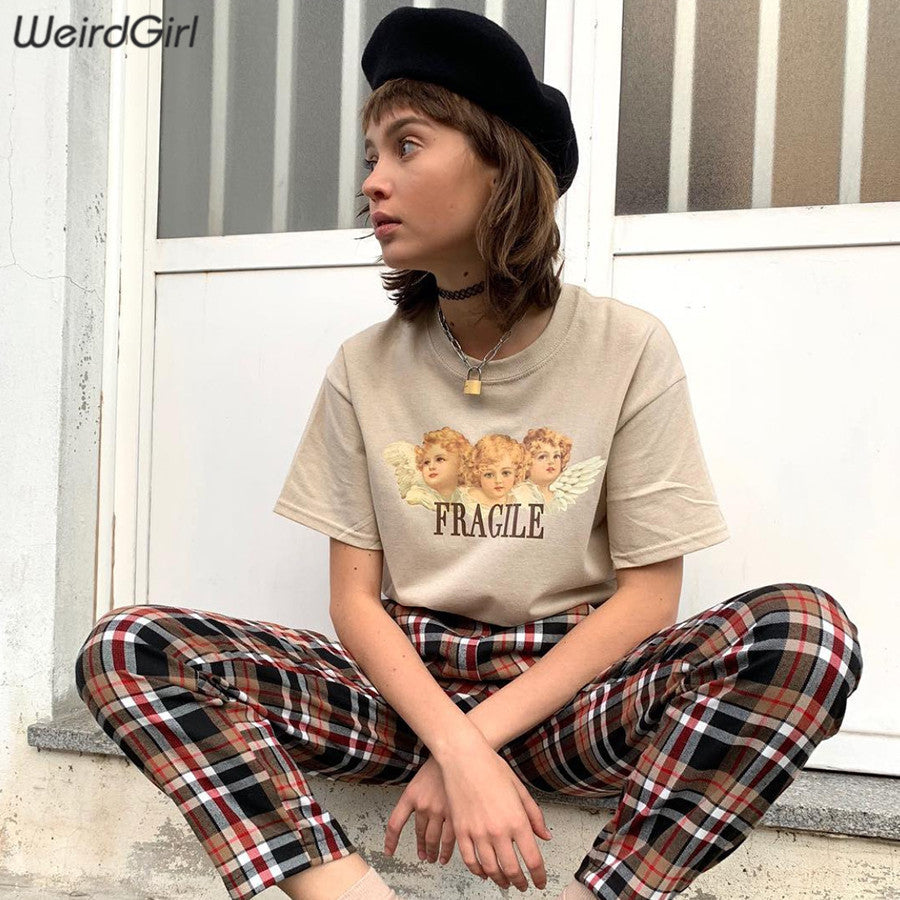 Weirdgirl Women Baby Angel Printing Casual Fashion T-shirts letter Short Sleeve O-Neck Khaki Loose Female Tees Summer