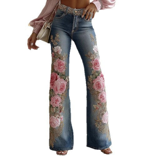 Retro Print Faux Denim Jeans – Women's Statement Pants