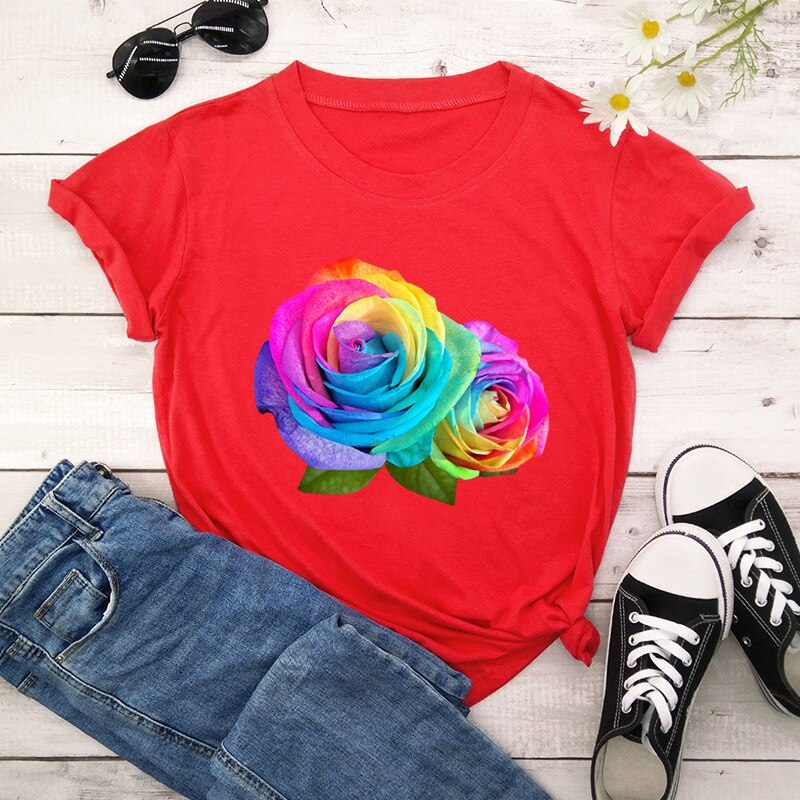 Summer Cotton Women T Shirt 5XL Plus Size Colorful Flower Print Short Sleeve Women Tees Shirt Top Casual O-Neck Female TShirt