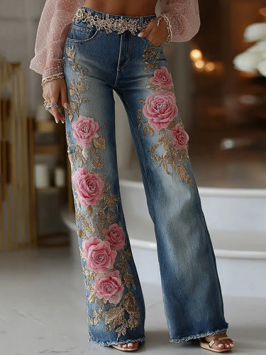 Retro Print Faux Denim Jeans – Women's Statement Pants