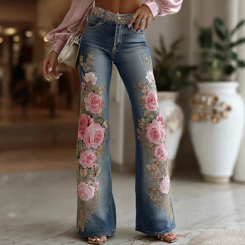 Retro Print Faux Denim Jeans – Women's Statement Pants