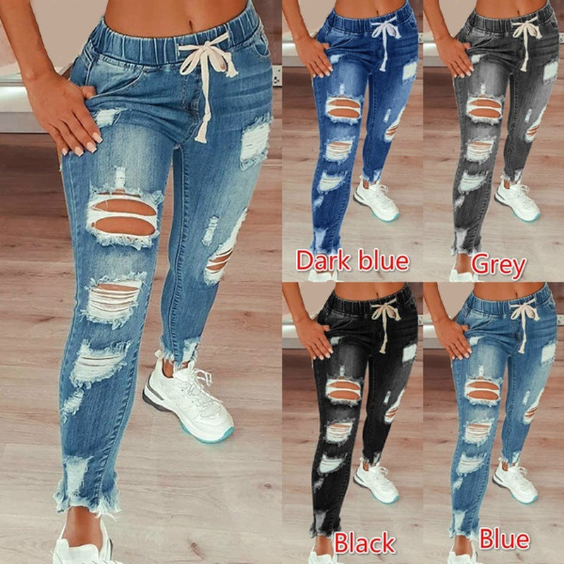 Distressed Ripped High Rise Drawstring Jeans – Women's Long Denim