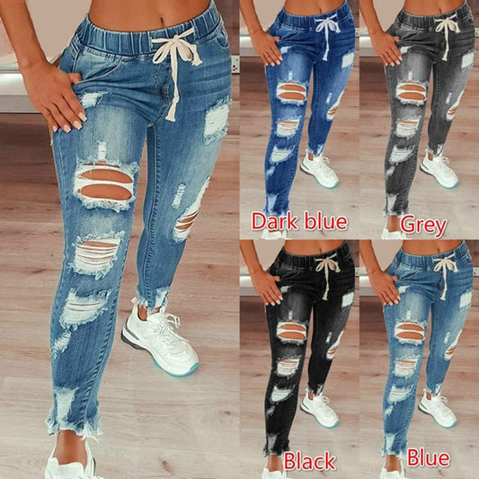 Distressed Ripped High Rise Drawstring Jeans – Women's Long Denim