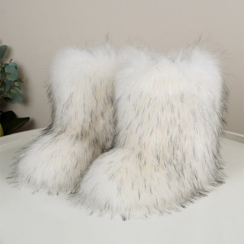 Winter Fuzzy Boots Women  Shoes Fluffy Fur Snow Boots Plush lining Slip-on Rubber Flat Outdoor Bowtie Warm Ladies Footwear