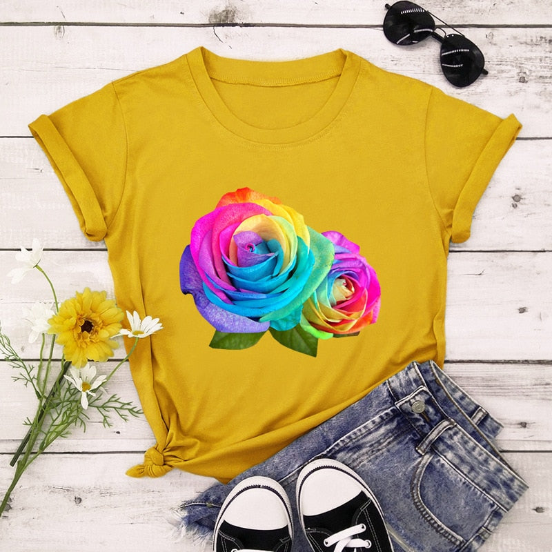 Summer Cotton Women T Shirt 5XL Plus Size Colorful Flower Print Short Sleeve Women Tees Shirt Top Casual O-Neck Female TShirt