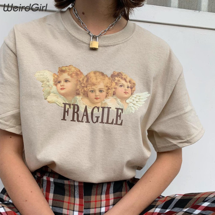 Weirdgirl Women Baby Angel Printing Casual Fashion T-shirts letter Short Sleeve O-Neck Khaki Loose Female Tees Summer