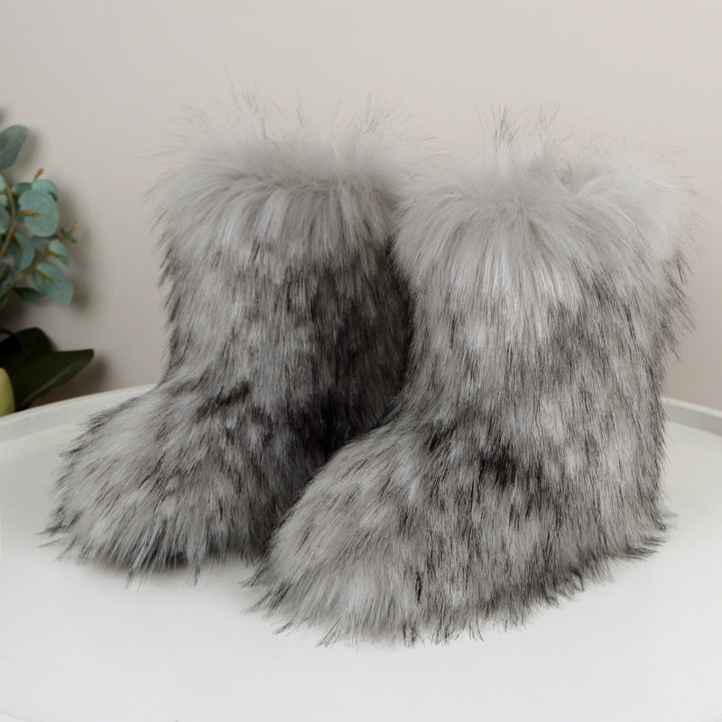 Winter Fuzzy Boots Women  Shoes Fluffy Fur Snow Boots Plush lining Slip-on Rubber Flat Outdoor Bowtie Warm Ladies Footwear