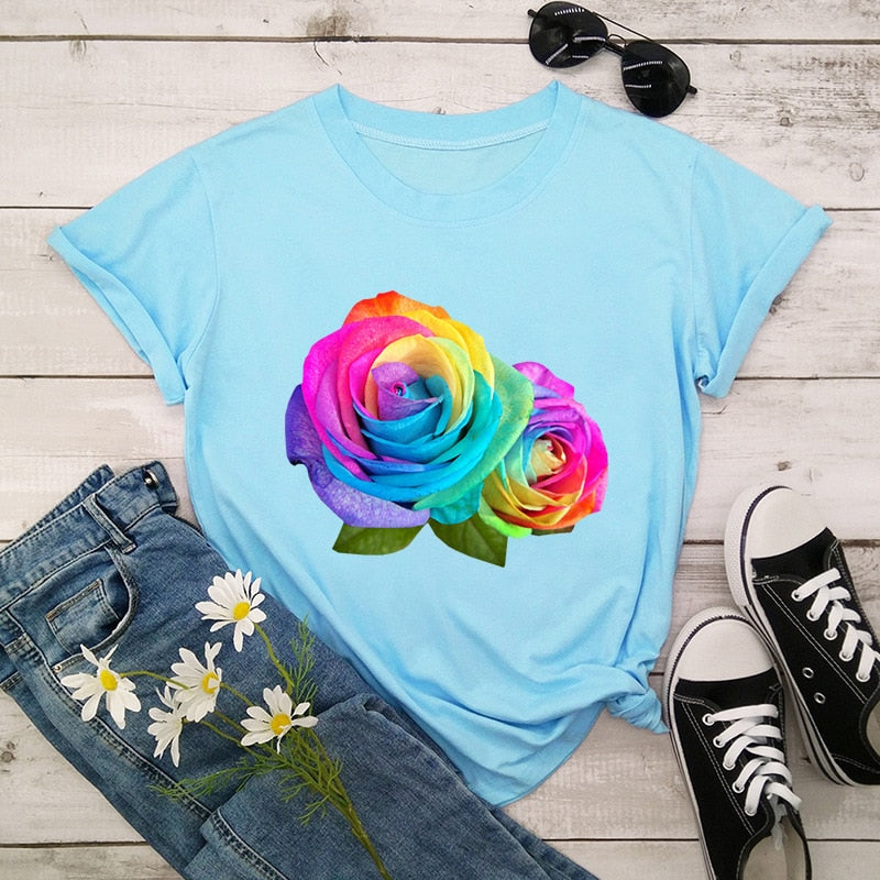 Summer Cotton Women T Shirt 5XL Plus Size Colorful Flower Print Short Sleeve Women Tees Shirt Top Casual O-Neck Female TShirt
