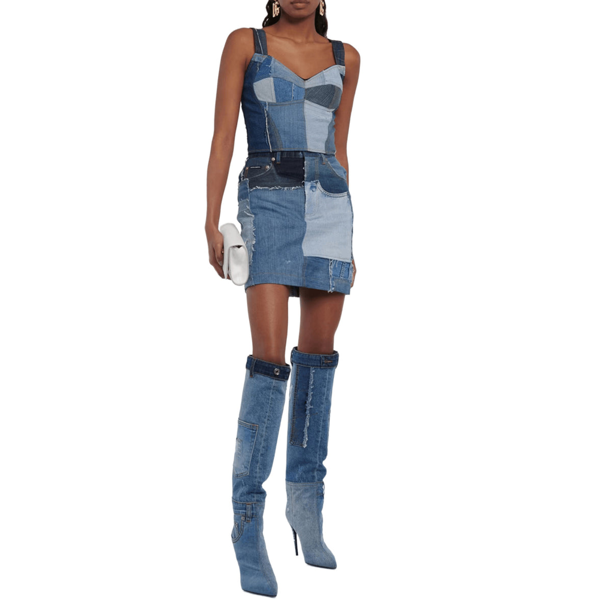 Women Worn Washed Cloth Over The Knee Boots Sexy Ladies Dilapidated  Blue Denim Pocket Pointed Toe High Heels Party Shoes
