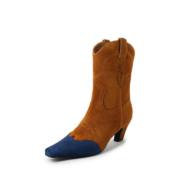 Color Blocking Designer Short Boots Genuine Leather High Heel Shoes Crystal Square Toe  Ladies Western Boots