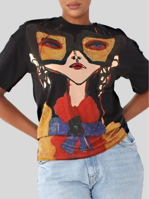 Print Regular Fit T-shirt Vintage Fashion Trendy Dropped Shoulder Sequined Tops Female Summer Tees