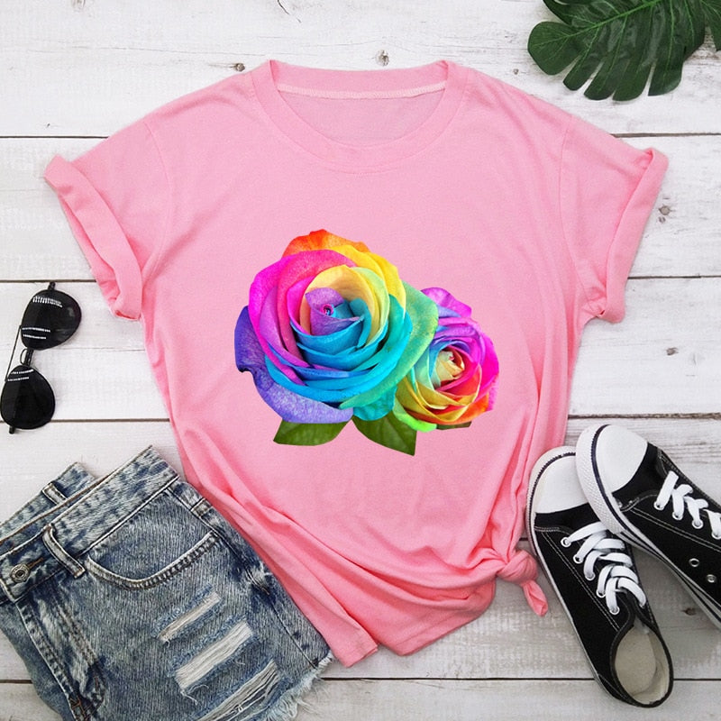 Summer Cotton Women T Shirt 5XL Plus Size Colorful Flower Print Short Sleeve Women Tees Shirt Top Casual O-Neck Female TShirt
