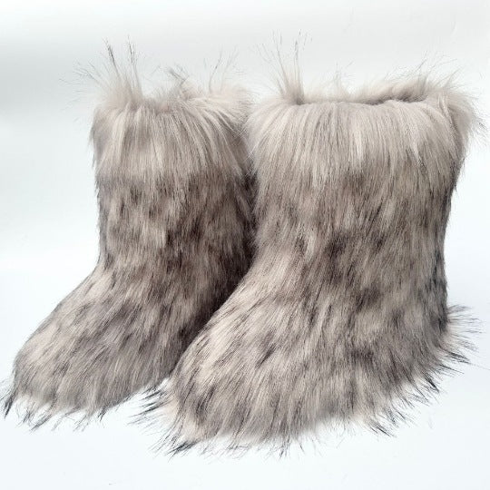Winter Fuzzy Boots Women  Shoes Fluffy Fur Snow Boots Plush lining Slip-on Rubber Flat Outdoor Bowtie Warm Ladies Footwear