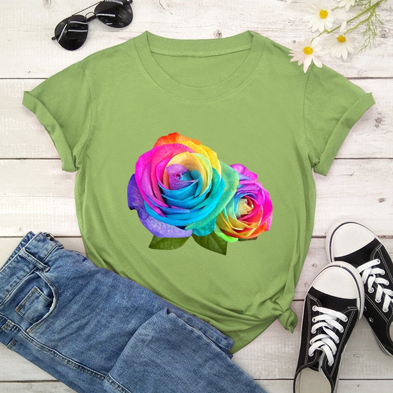Summer Cotton Women T Shirt 5XL Plus Size Colorful Flower Print Short Sleeve Women Tees Shirt Top Casual O-Neck Female TShirt