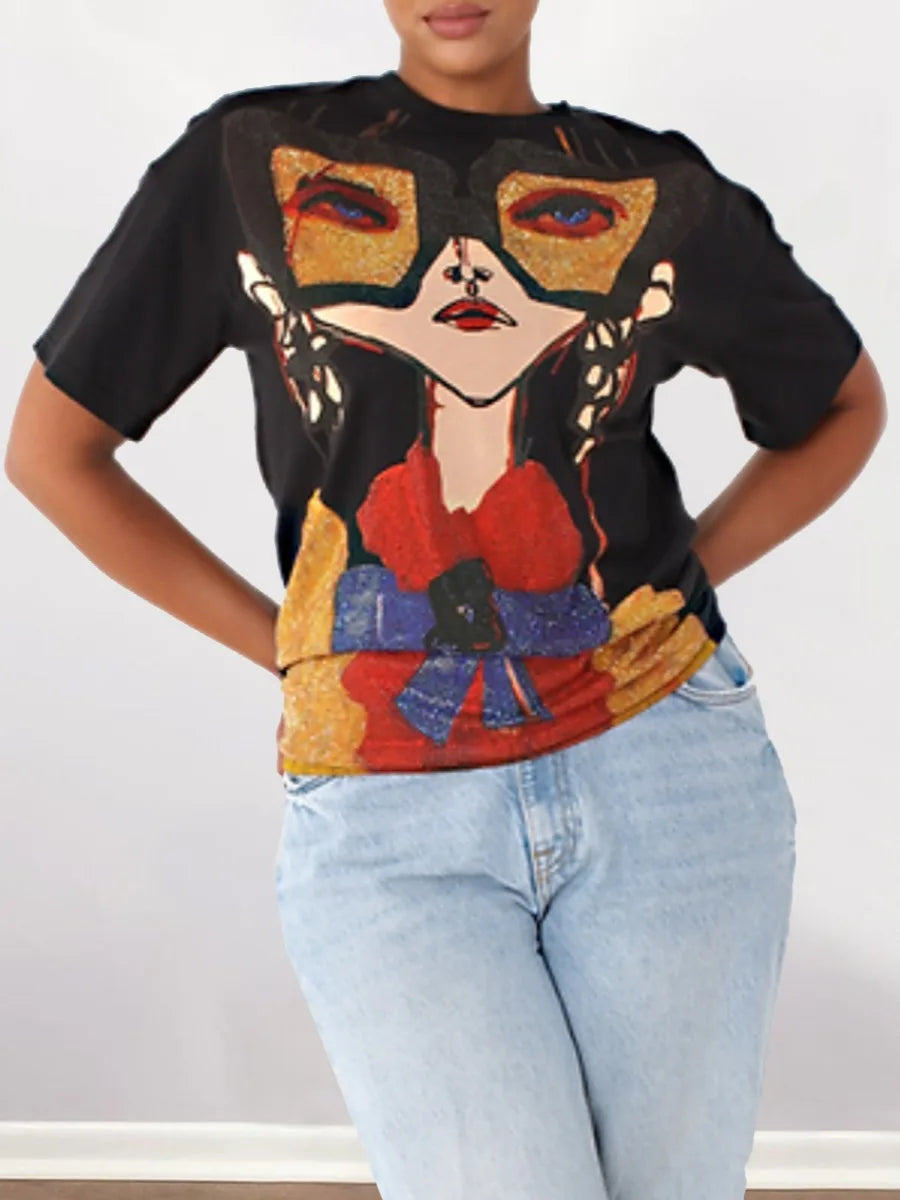 Print Regular Fit T-shirt Vintage Fashion Trendy Dropped Shoulder Sequined Tops Female Summer Tees
