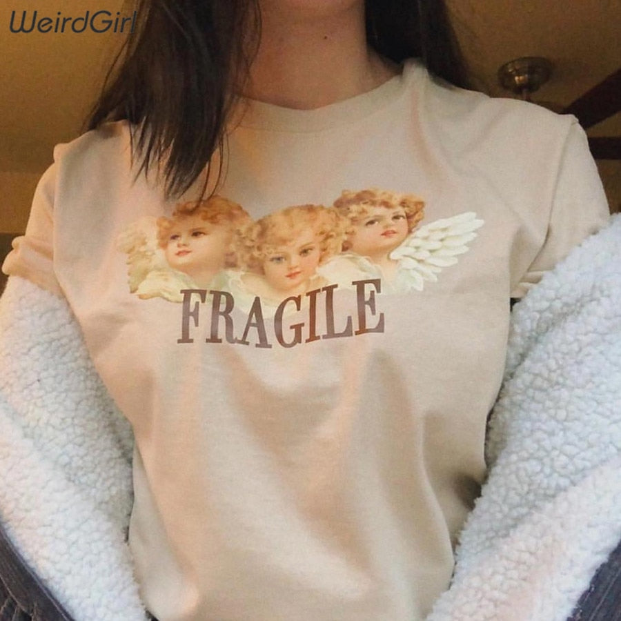 Weirdgirl Women Baby Angel Printing Casual Fashion T-shirts letter Short Sleeve O-Neck Khaki Loose Female Tees Summer