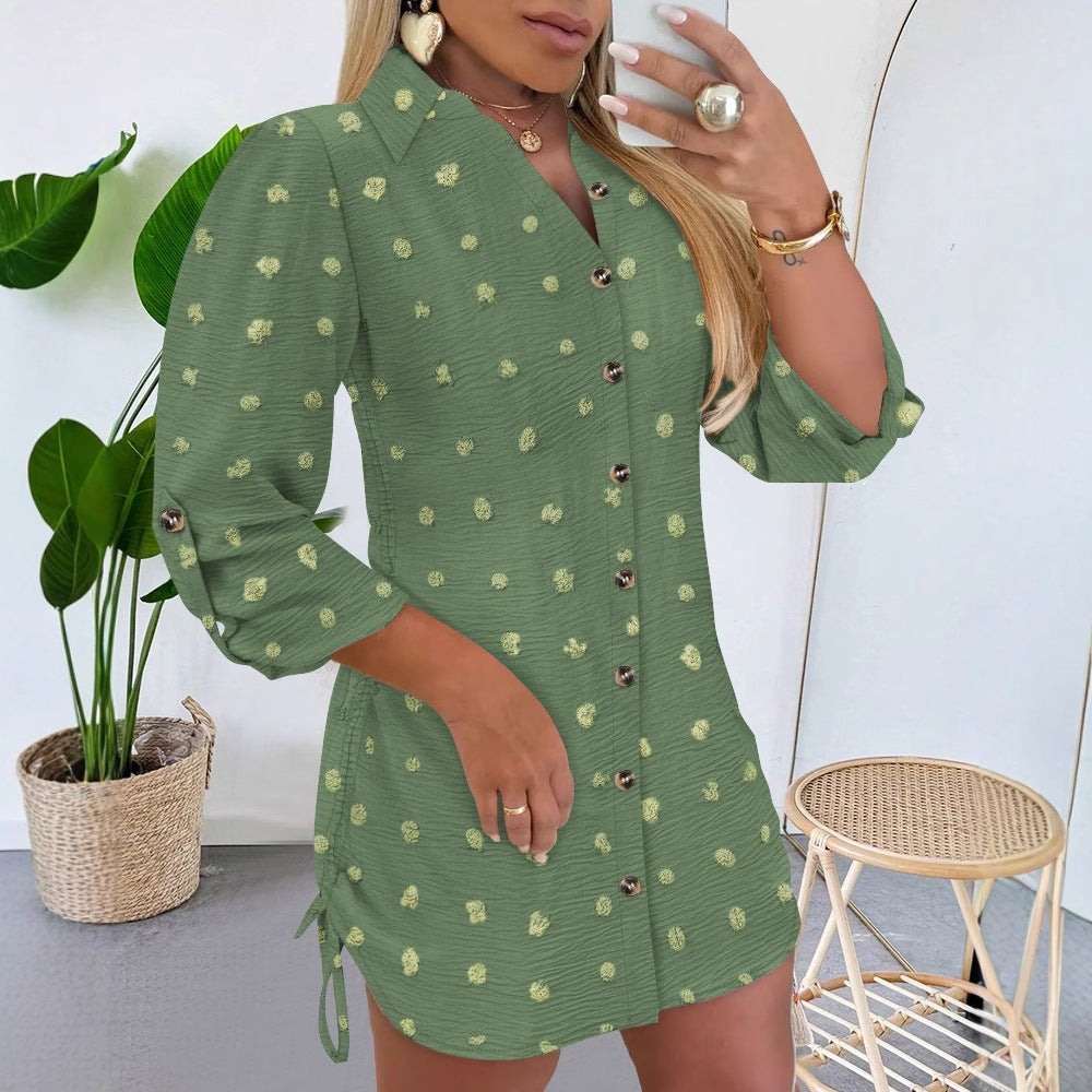 Hot Selling Polka Dot Jacquard Stand Collar Drawstring Shirt Dress