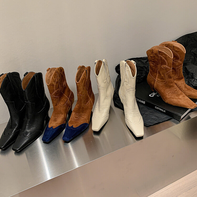 Color Blocking Designer Short Boots Genuine Leather High Heel Shoes Crystal Square Toe  Ladies Western Boots